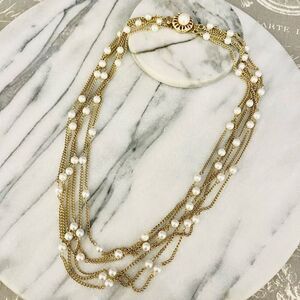 Vintage Layered Chain Necklace‎ Gold Toned Faux Pearl Beaded Accent Cottagecore